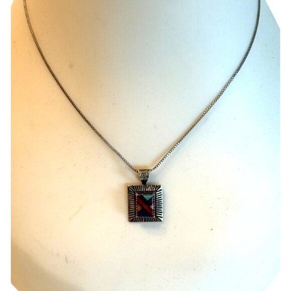 Vintage QT Sterling Silver Inlaid Multi Stone Pendant Necklace Art to Wear 18" - Picture 3 of 8